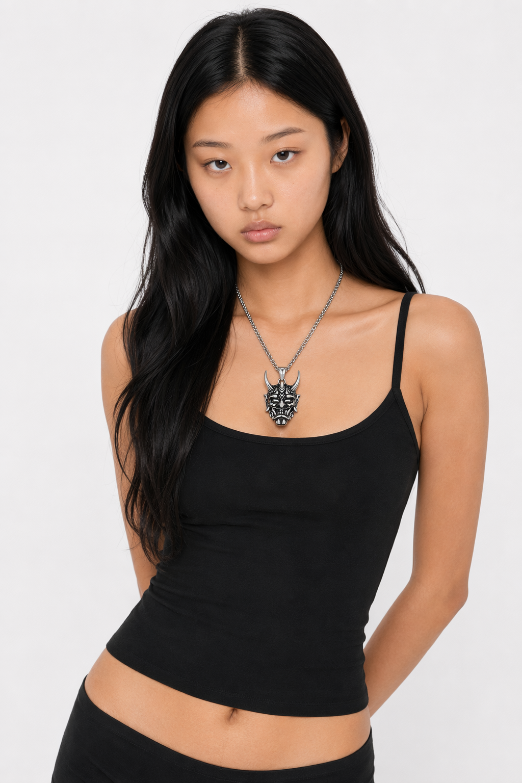 Japanese Spirit Skull Mask Necklace Silver