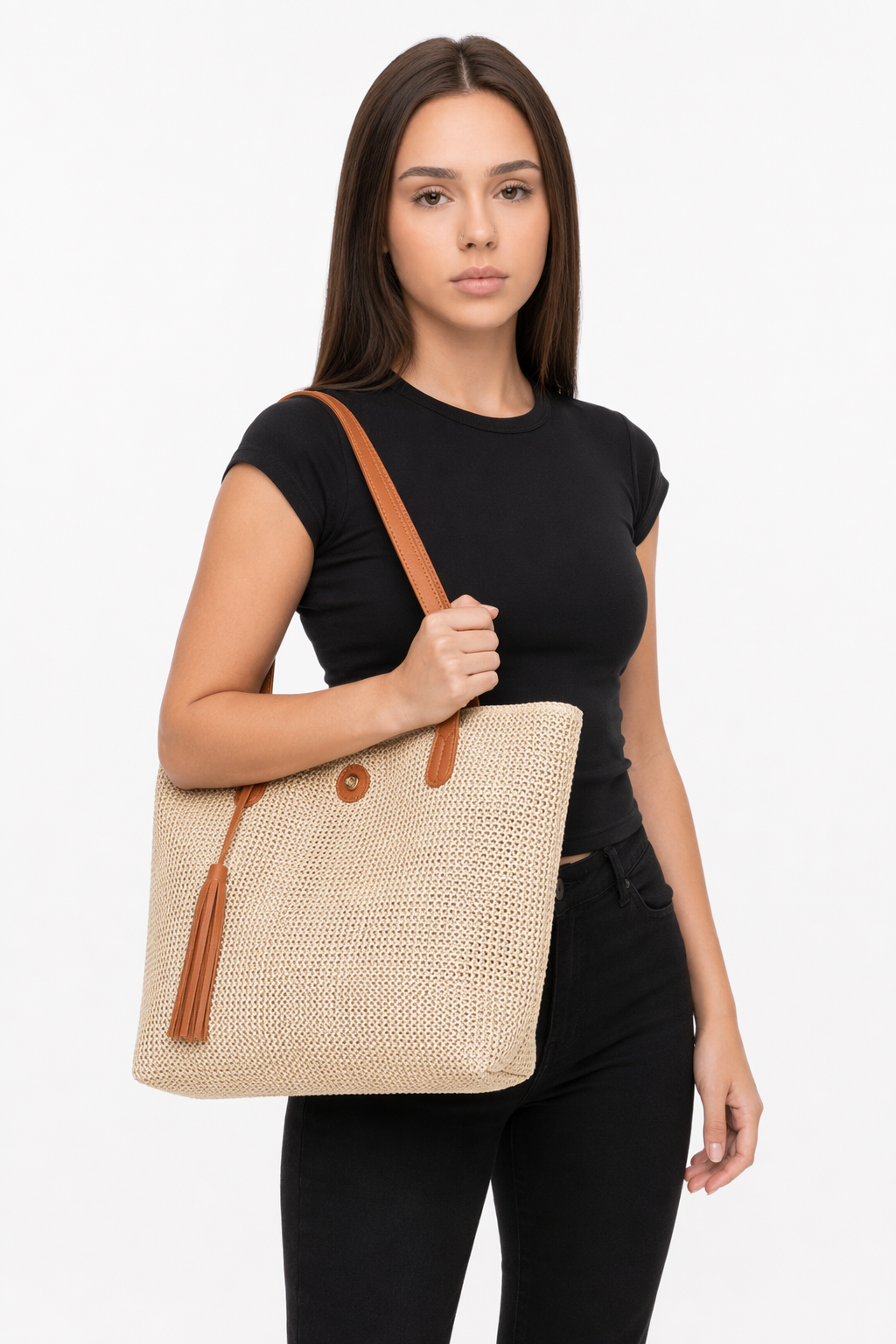 Vegan Leather Accented Tote Bag with Tassel Tan