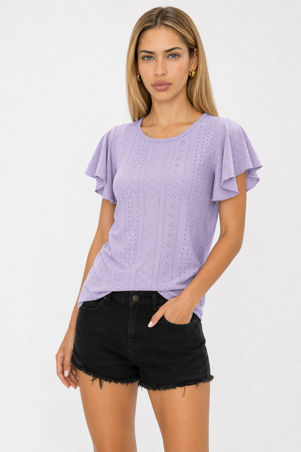 Ruffled Round Neck Top for Women with Cap Sleeves Purple