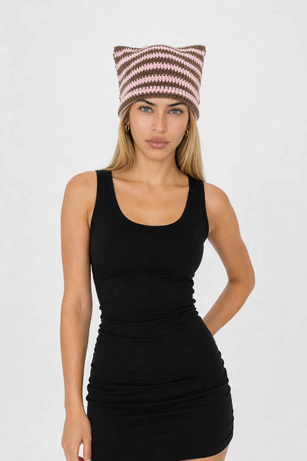 Striped Knitted Beanie for Adults pink brown handmade