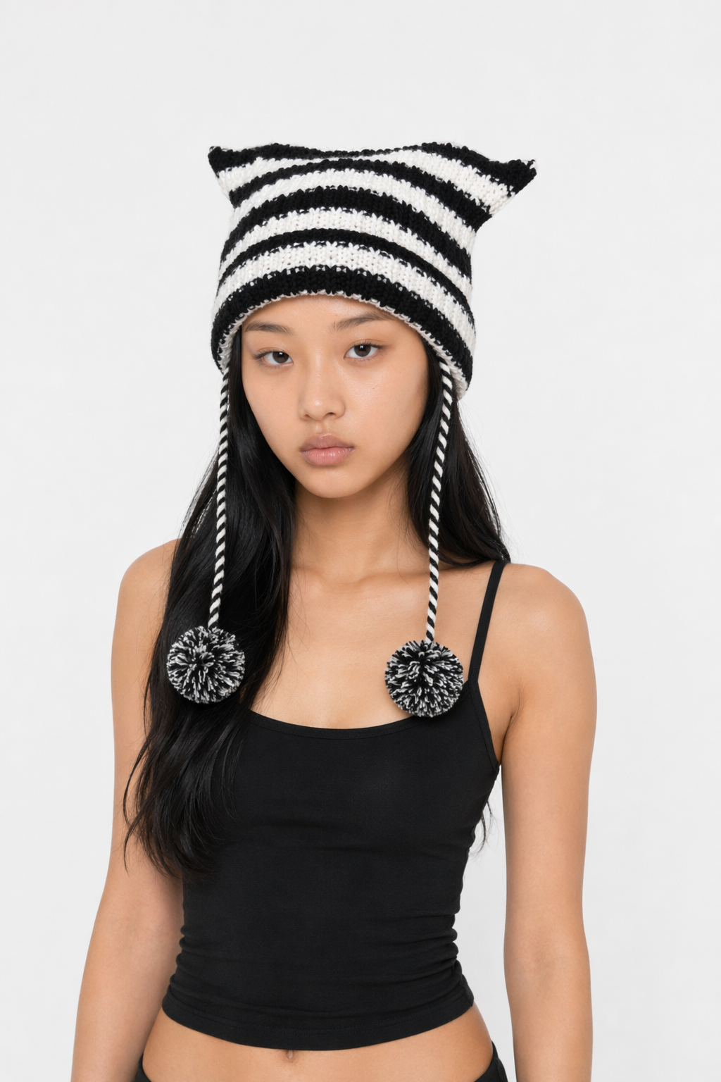 Striped Knitted Beanie for Adults black white with pom