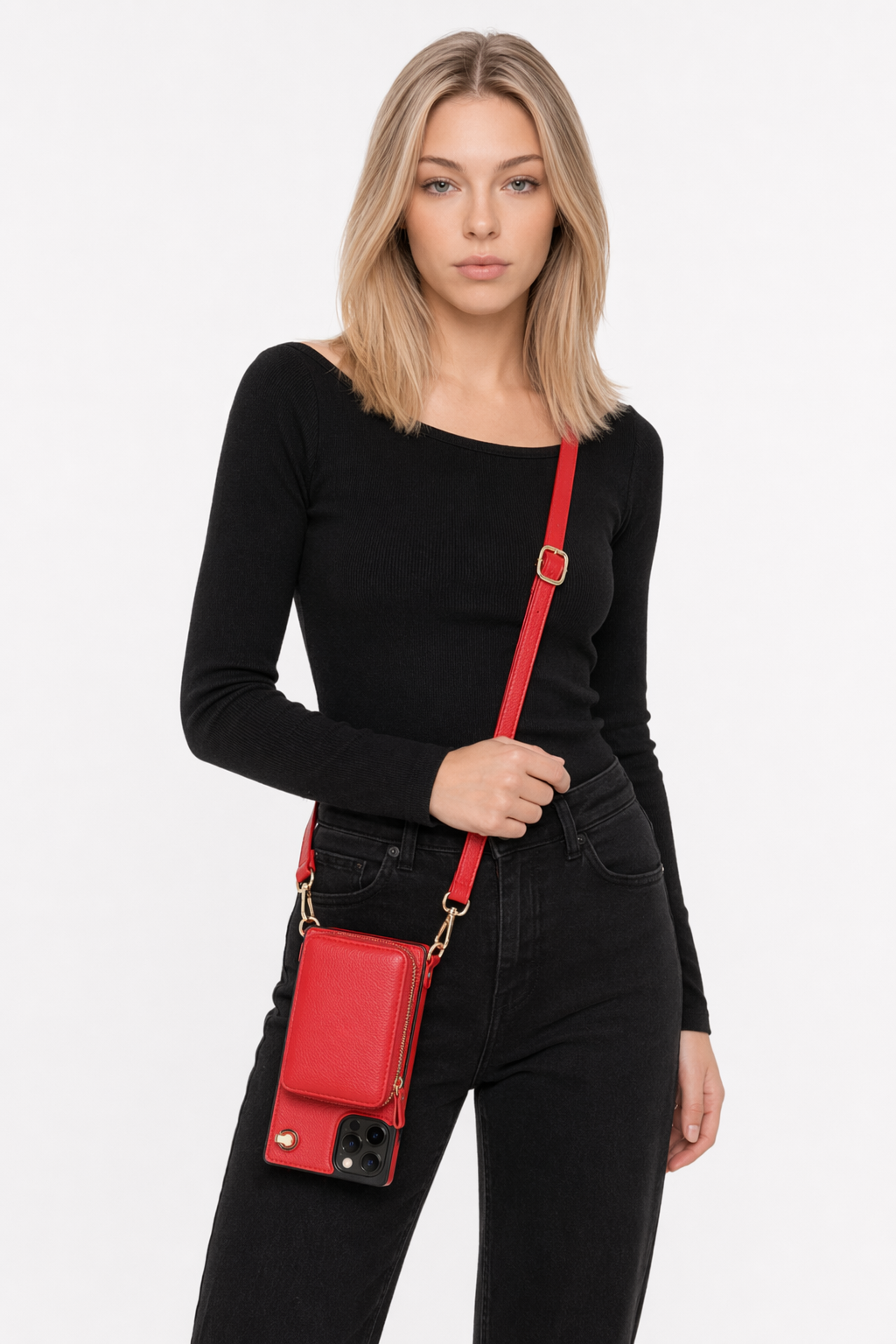 Adjustable Crossbody Strap Zippered Wallet Case for iPhone - Ensuring Clarity and Distinction from the Original Product Red