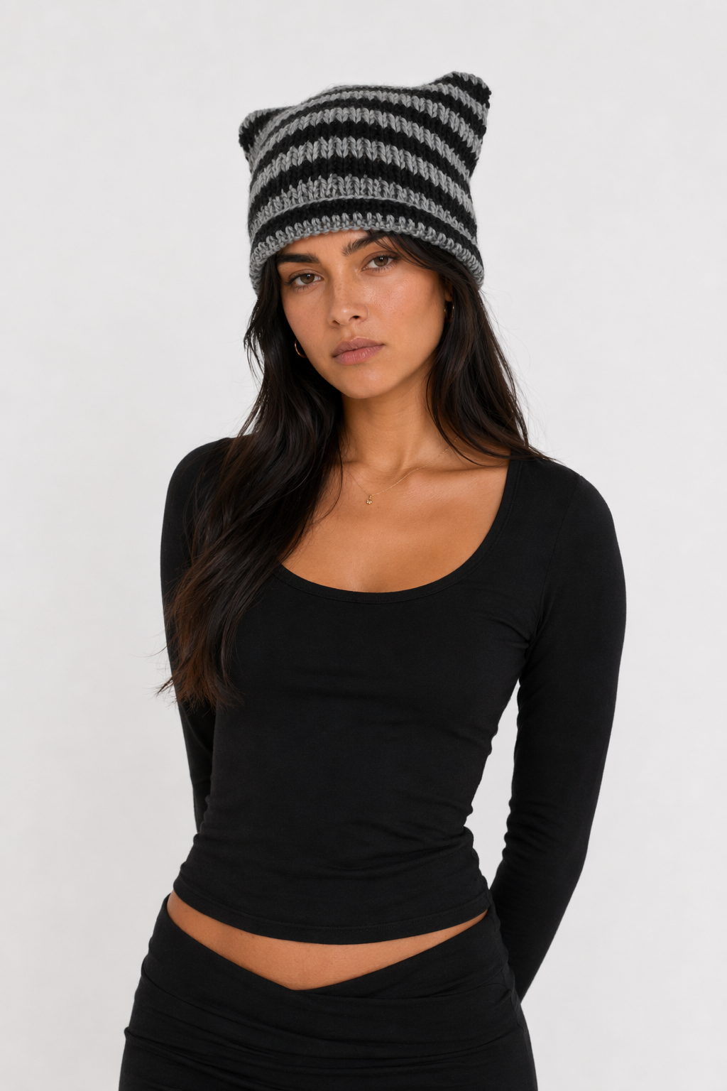 Striped Knitted Beanie for Adults black gray handmade