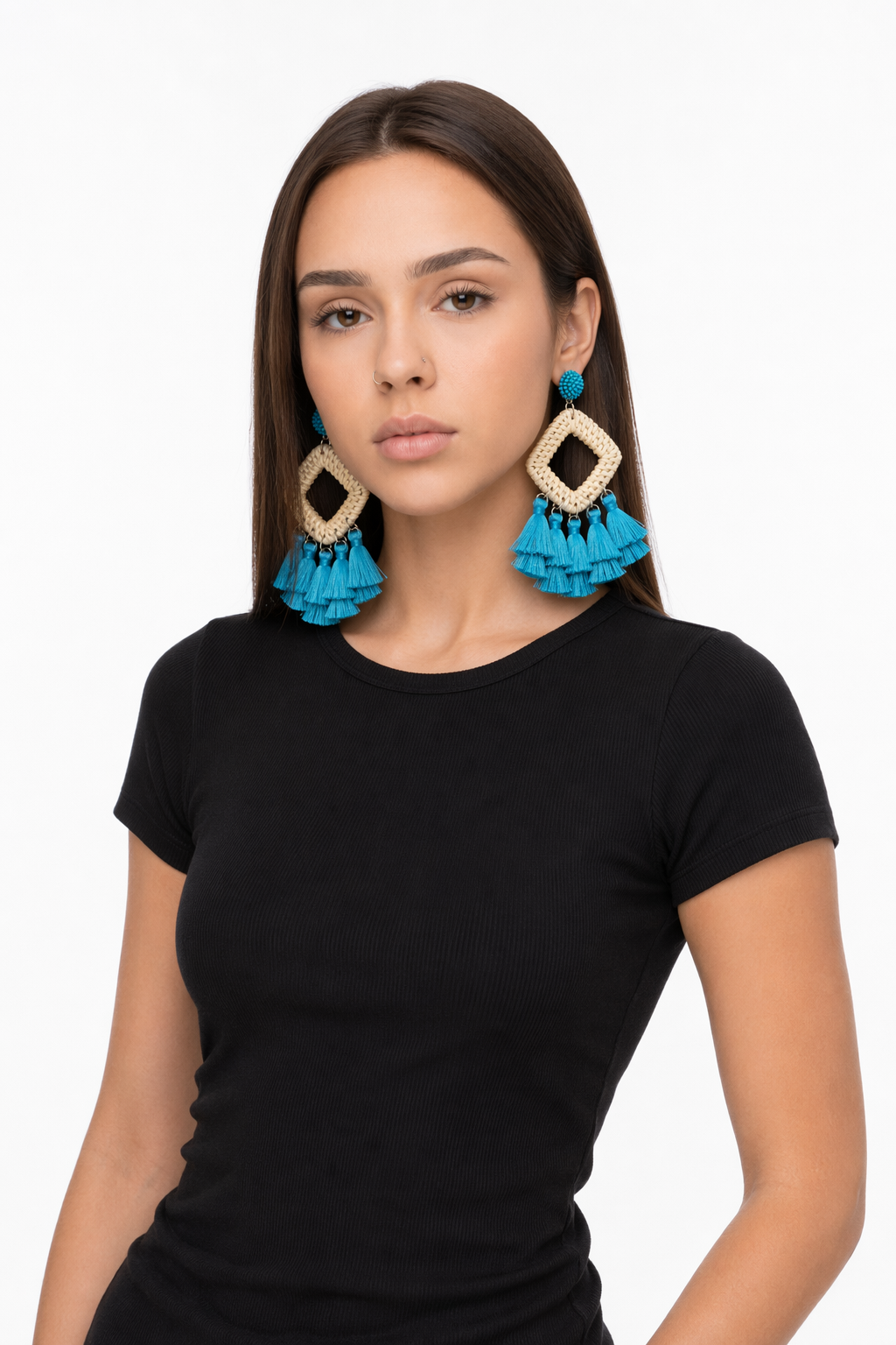 Tassel Rattan Dangle Earrings Blue