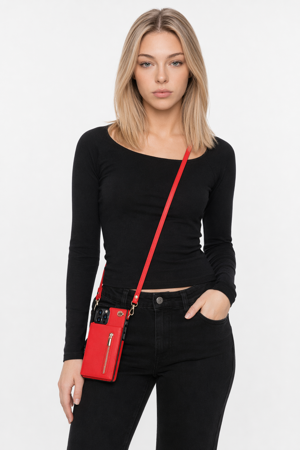 Crossbody Strap Slim Wallet Case for iPhone Series with Zipper Closure Red
