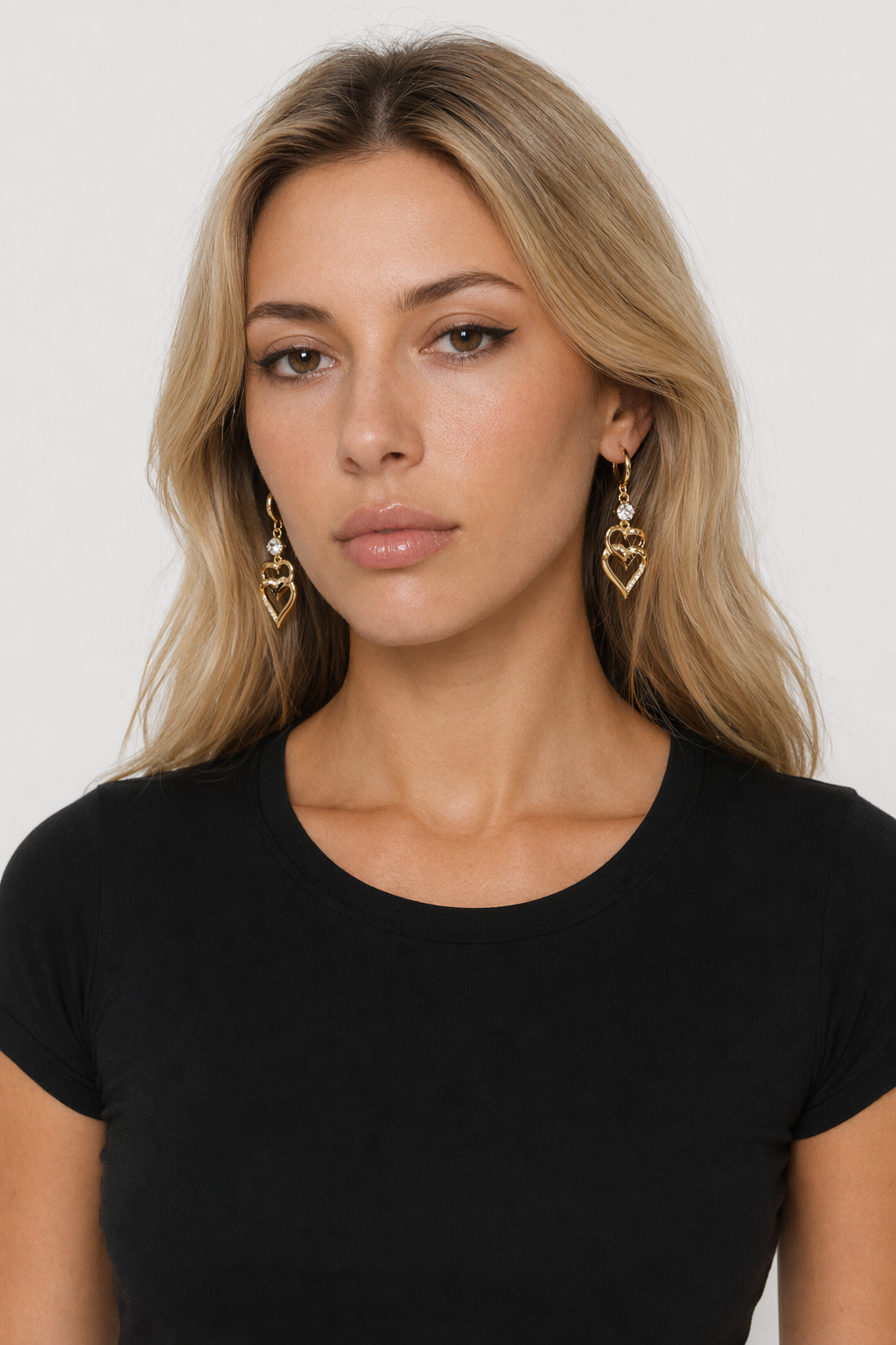 Layered Dropped Earrings with Dual Hearts Default