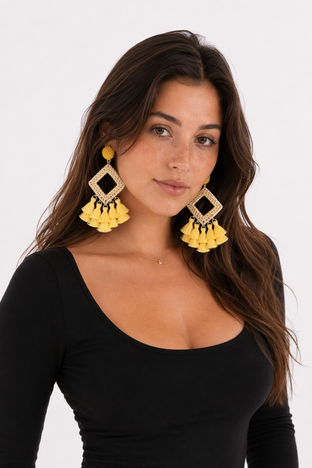 Tassel Rattan Dangle Earrings Yellow
