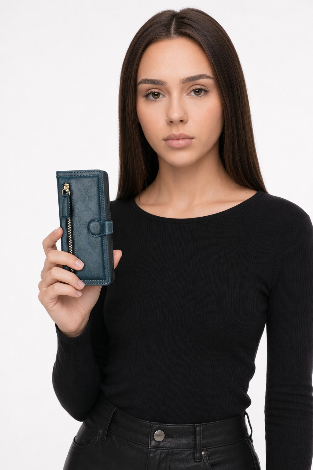 Wireless Charging Compatible Flip Case with Zippered Wallet for iPhone X to 14 Series Blue