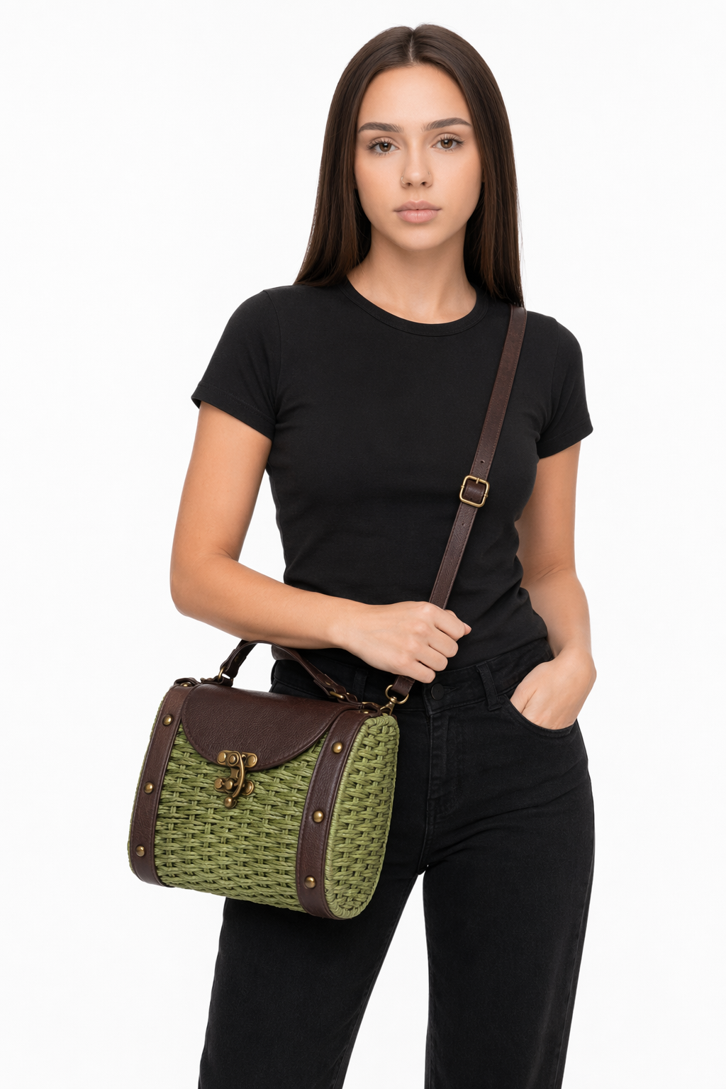 Vintage Style Handwoven Straw Bag for Women Green