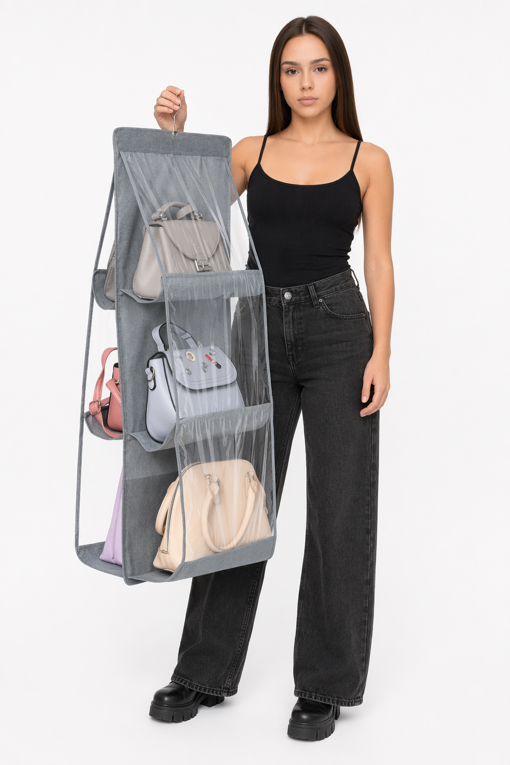 Hanging Handbag Organizer for a Neat and Tidy Closet Grey