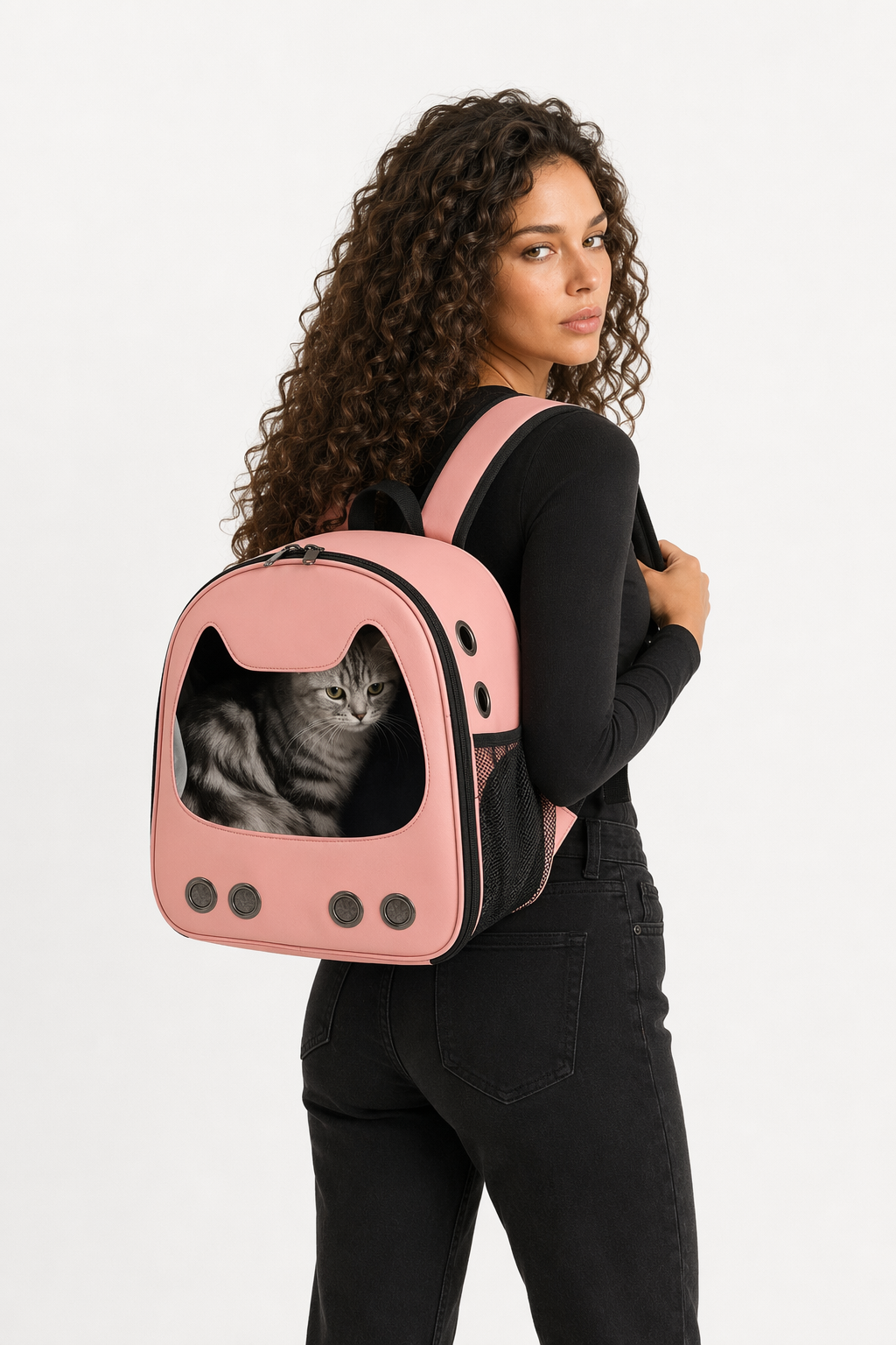Pet Carrier Backpack with Feline Design for Small Sized Cats Pink