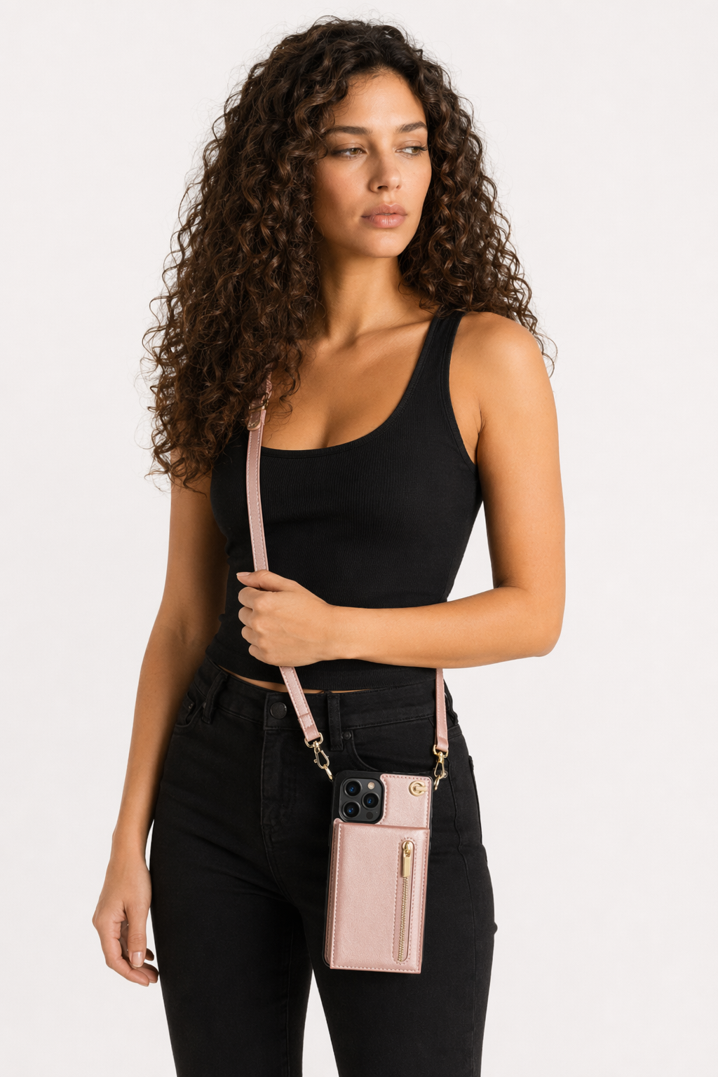 Crossbody Strap Slim Wallet Case for iPhone Series with Zipper Closure Rose Gold
