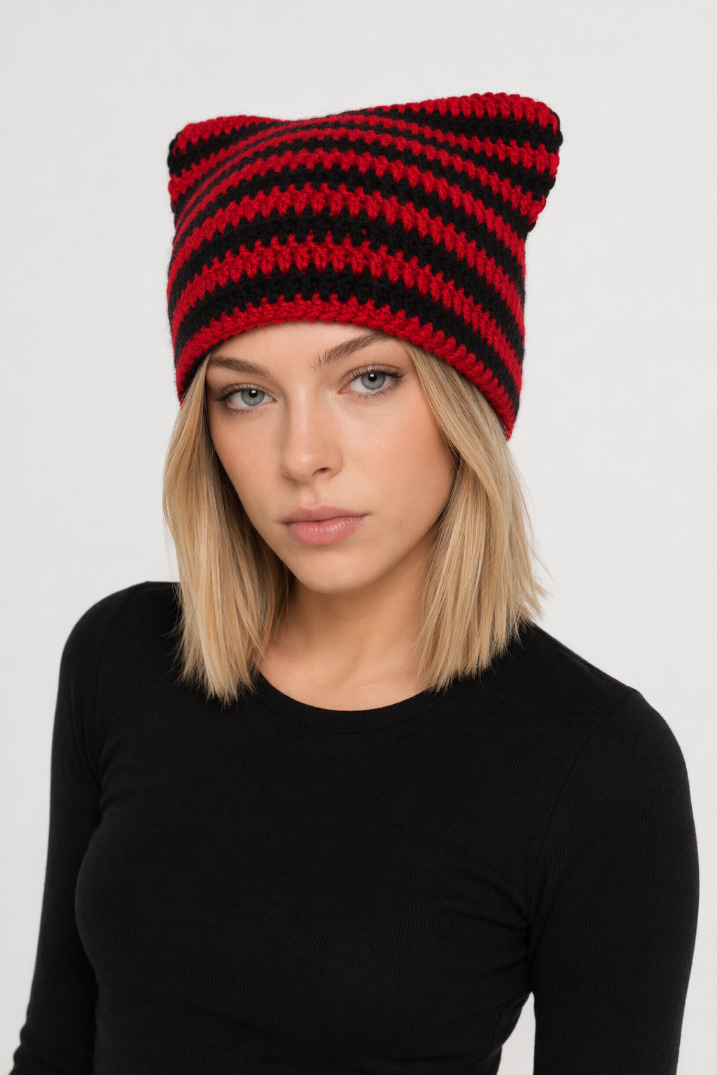 Striped Knitted Beanie for Adults red black handmade