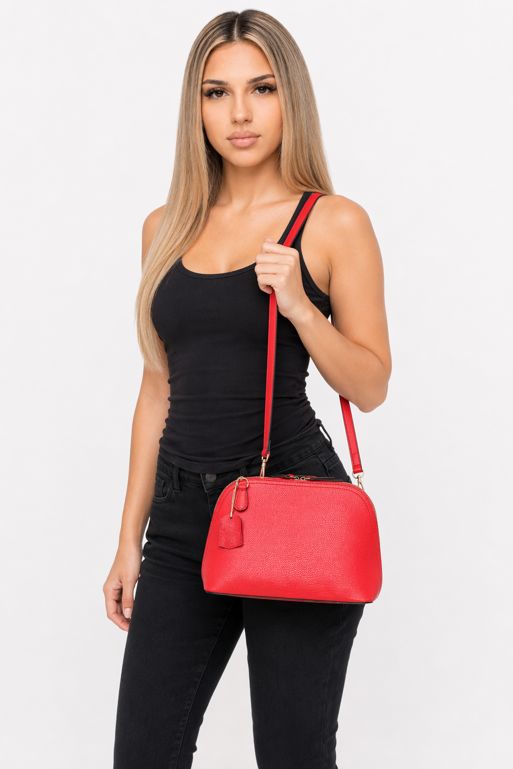 Ladies' Shoulder Bag with Double Zipper Opening Red