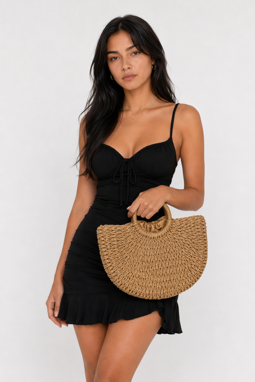 Summer Top Handle Circular Straw Bag Khaki