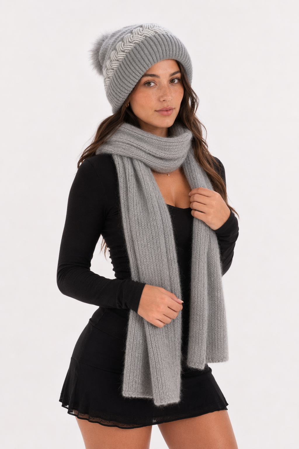 Warm Winter Scarf and Hat Set for Women Gray