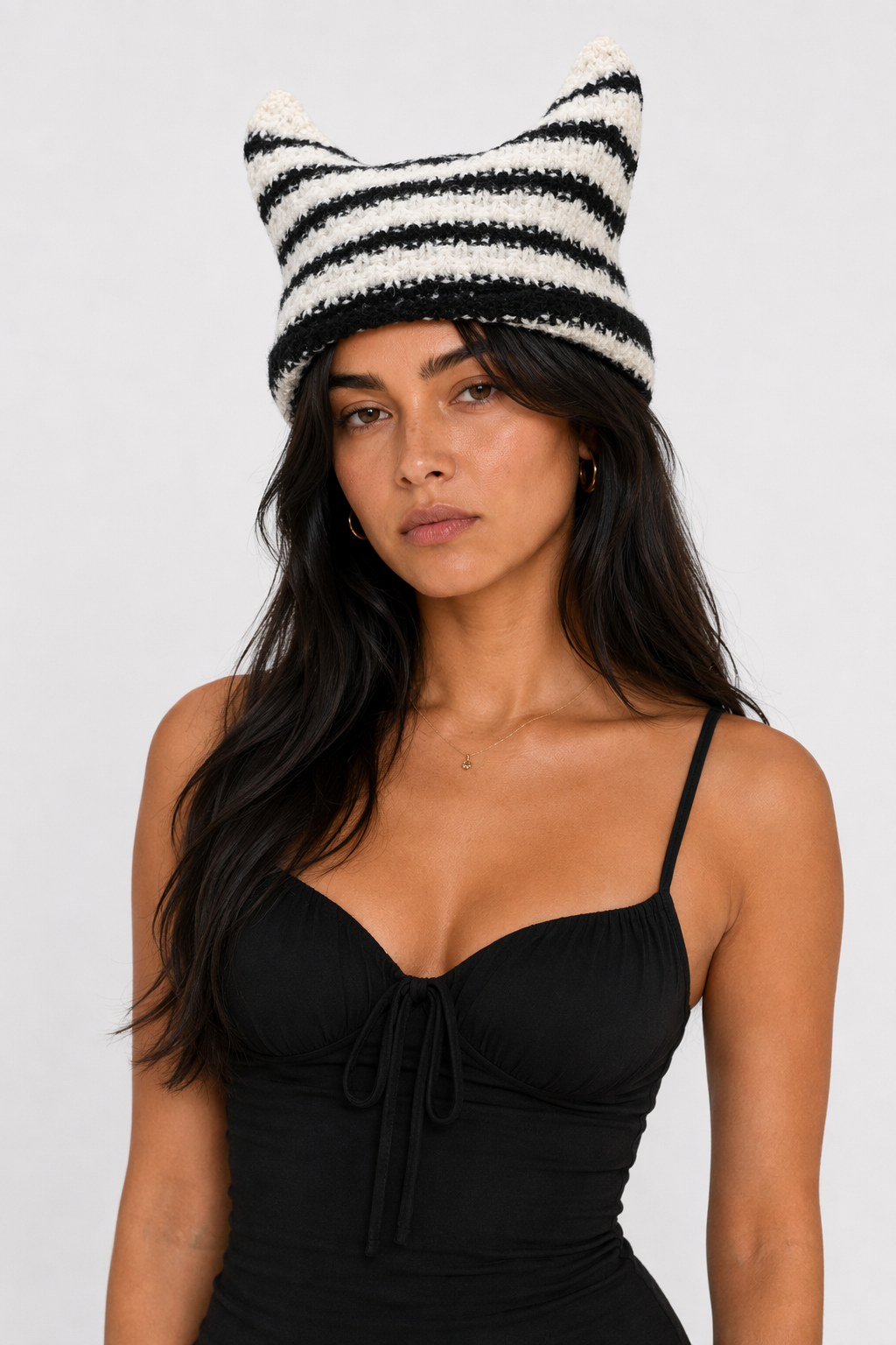 Striped Knitted Beanie for Adults black white striped