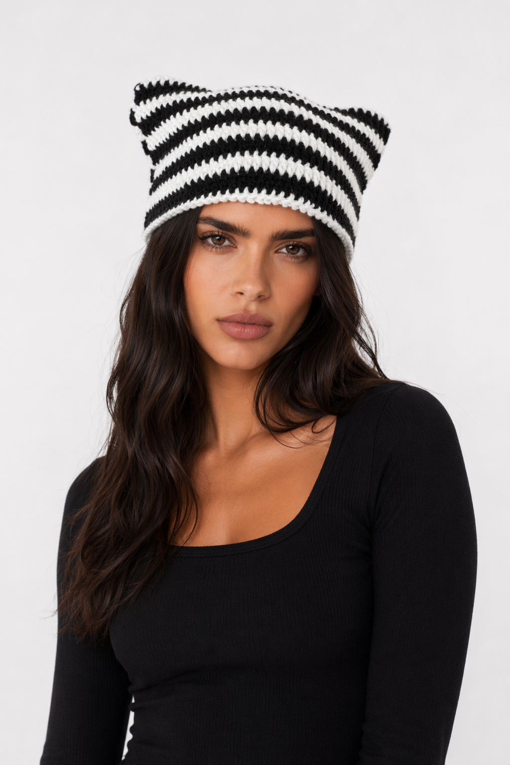 Striped Knitted Beanie for Adults handmade black white