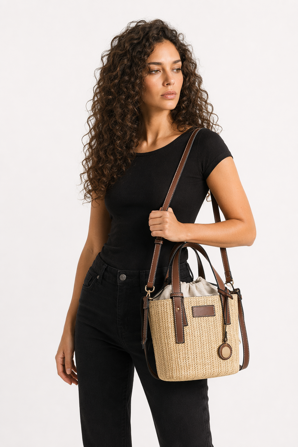 Vegan Leather Handled Straw Shoulder Bag Brown