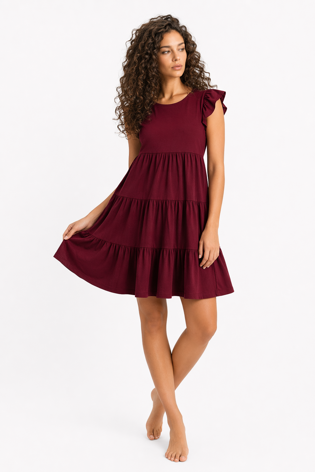 Flowy Cap Sleeve Women's Dress Wine