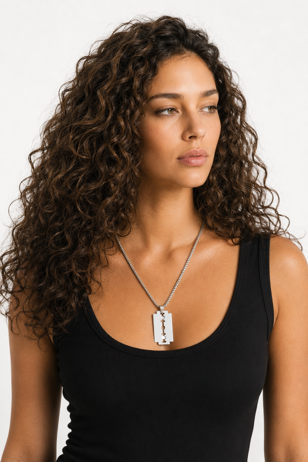 Polished Razor Blade Pendant Necklace Silver