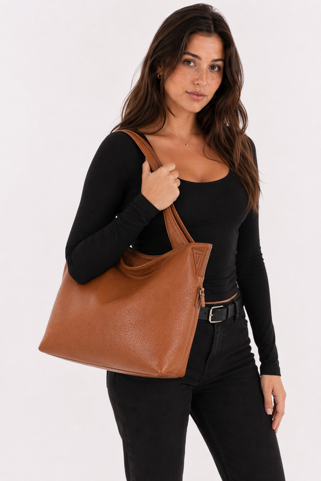 Leather Shoulder Bag with a Stylish Top Handle Brown