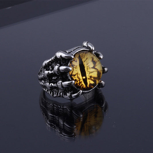 Eye-Emblazoned Claw Ring: silver, amber yellow dragon/claw motif, fantasy gothic style