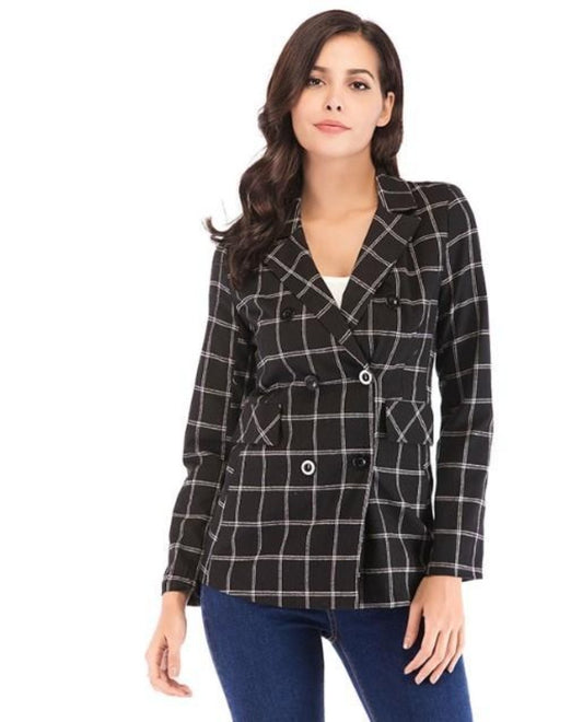Black Checkered Double Breasted Blazer for Women: black, white blazer jacket, tailored casual style