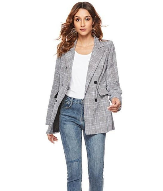 Double Checked Grey Blazer for Women: gray, white blazer jacket, tailored classic style