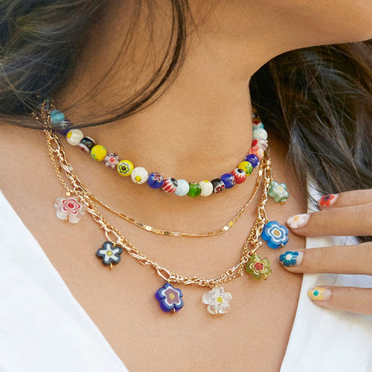 Layered Multi-Color 2 PC Necklace: gold, multicolor flower-themed bead and charm jewelry, colorful playful floral style
