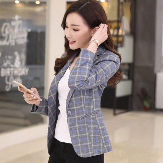 Slim Fit Checkered Blazer for Women: blue-gray, light gray blazer jacket, smart casual style
