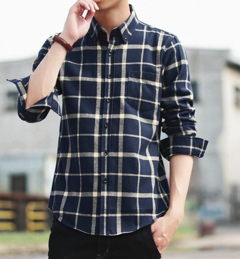Checkered Beige Cotton Shirt with Long Sleeves for Men