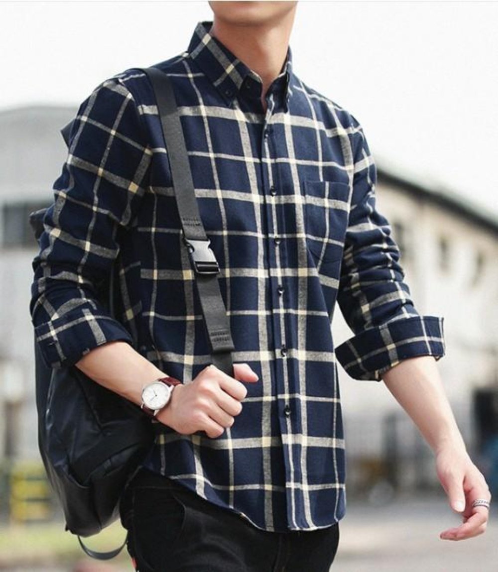 Checkered Cotton Shirt for Men with Long Sleeves