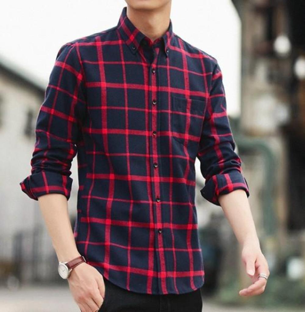 Checkered Beige Cotton Shirt with Long Sleeves for Men