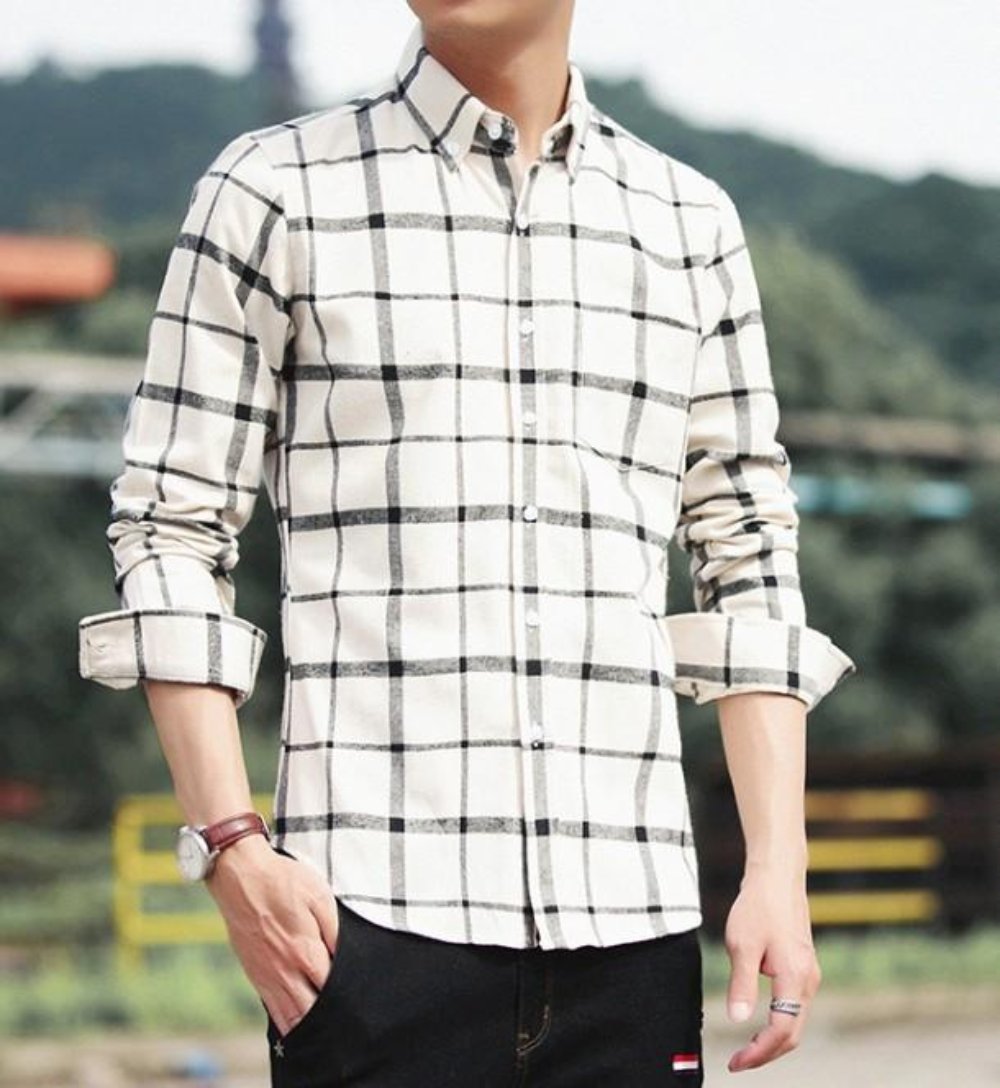 Checkered Cotton Shirt for Men with Long Sleeves