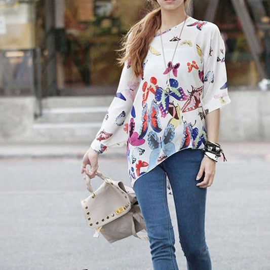Loose-Fitting Women's Top with Butterfly Design