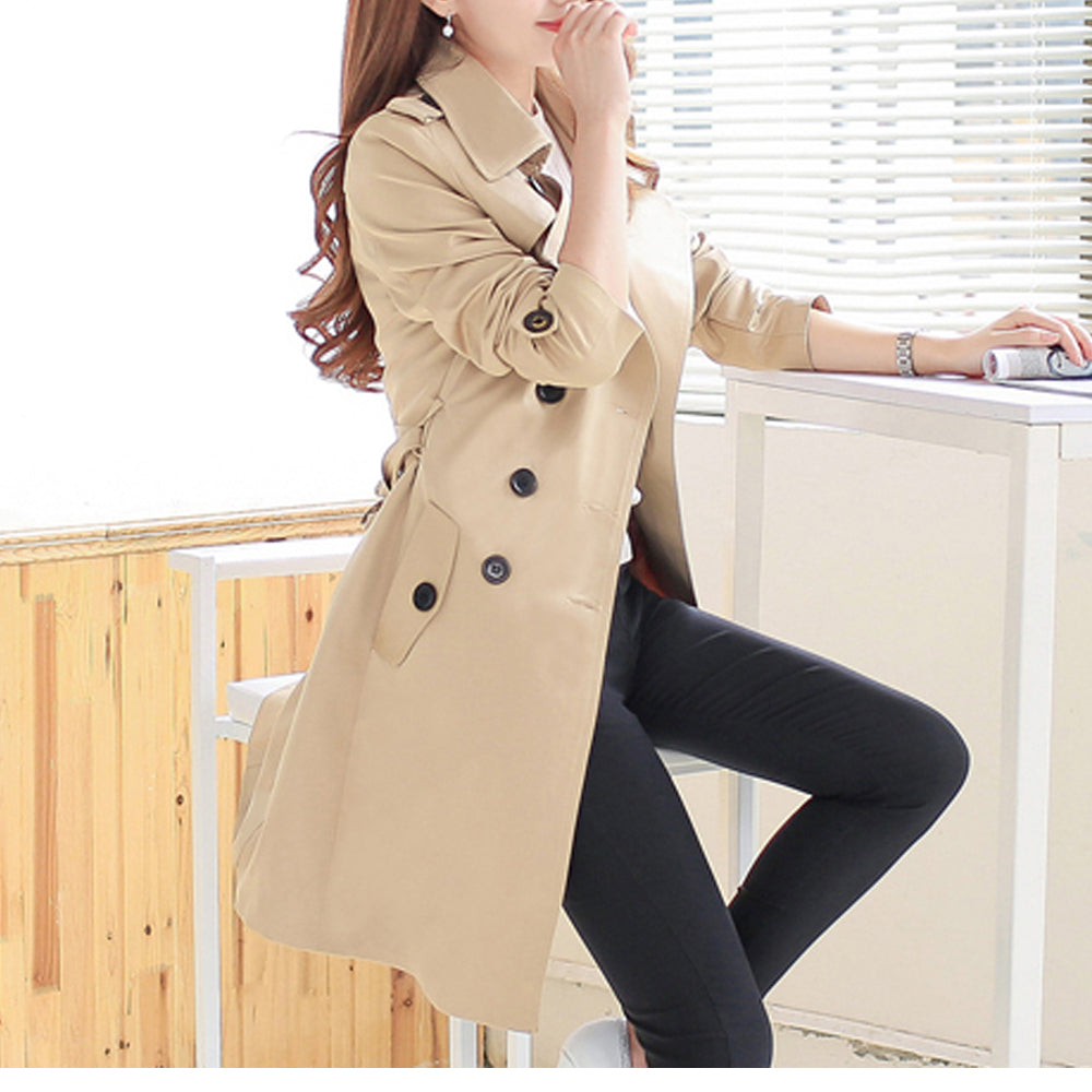 Double-Breasted Khaki Trench Coat for Women's Timeless Style
