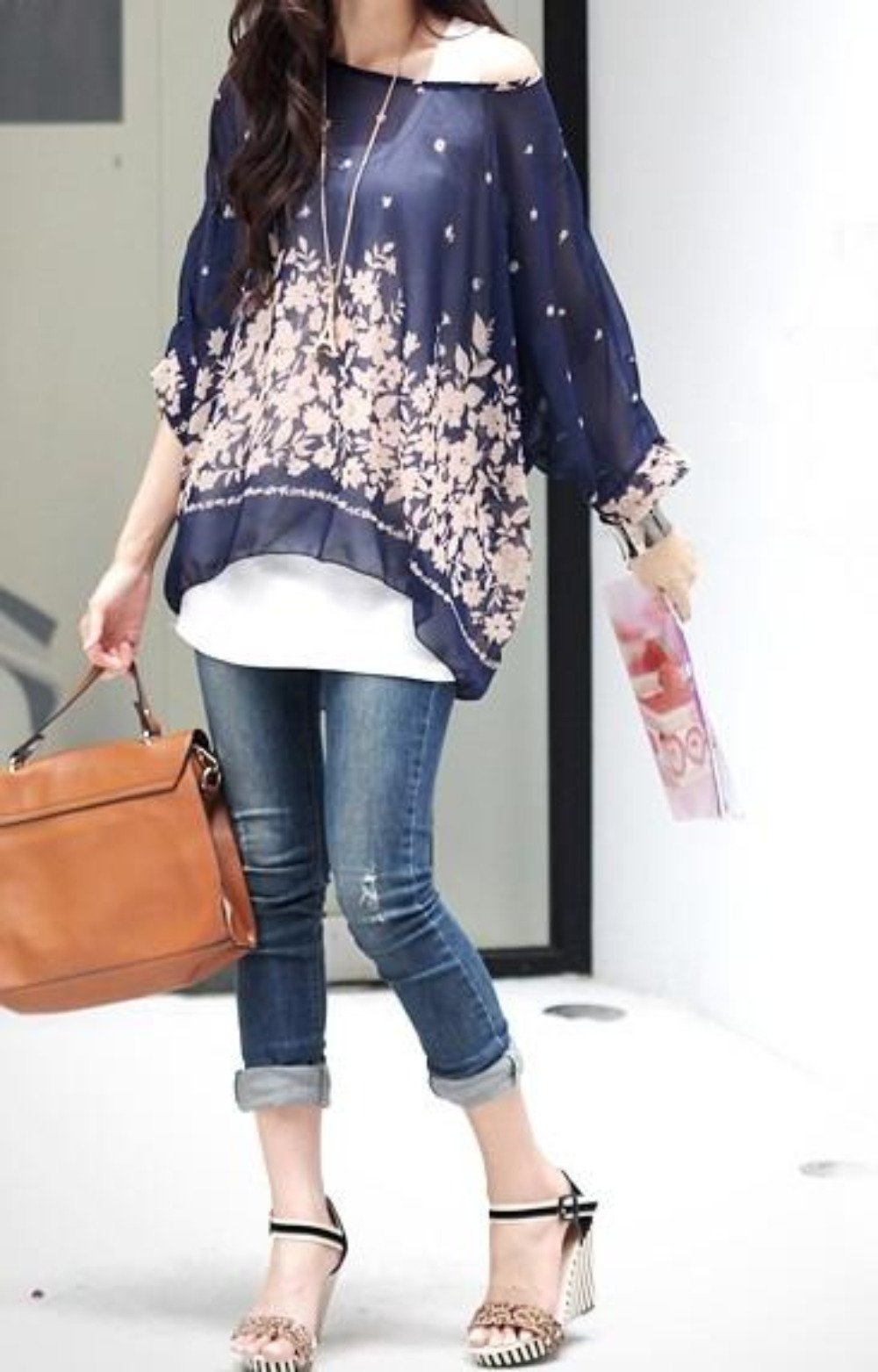 Navy Oversized Batwing Top for Women