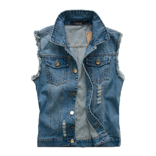 Street Style Denim Vest for Men: blue, gray sleeveless denim vest, casual distressed style