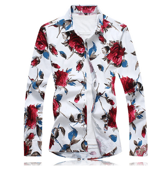 Long Sleeve Red Floral Men's Shirt: white, red floral rose pattern, floral fashion style