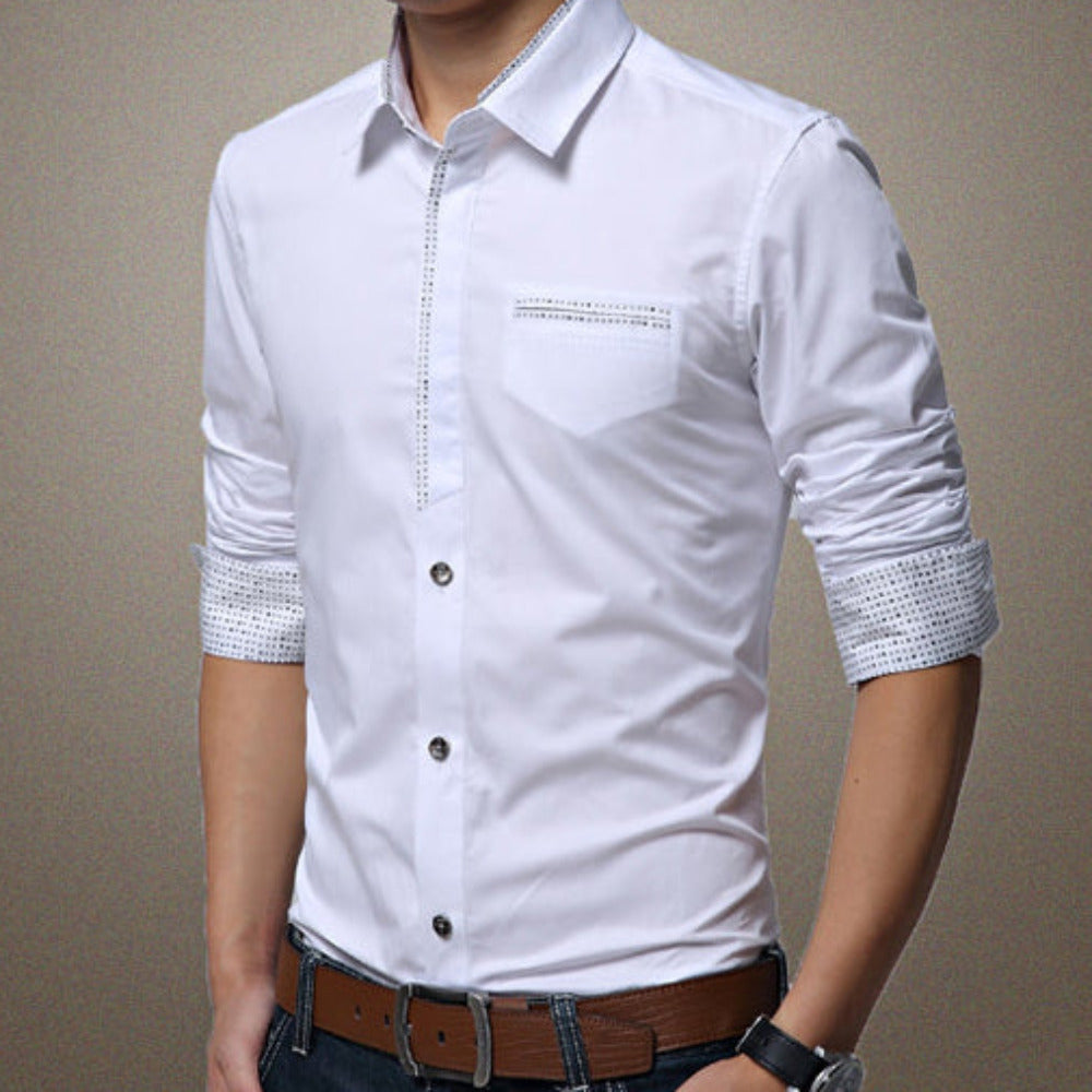 Men's Button-Up Shirt with Unique Pocket and Sleeve Accents