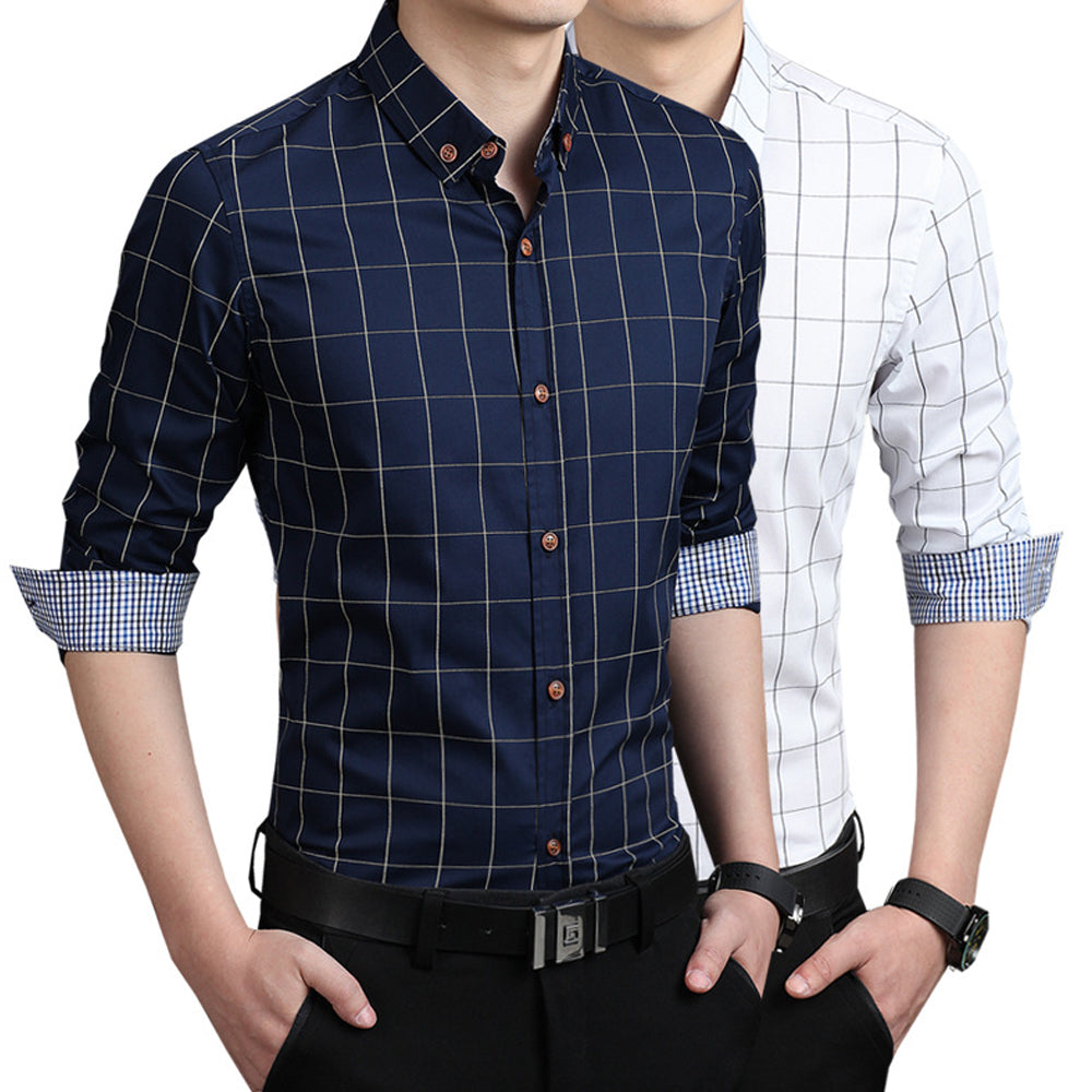 Navy Blue Checkered Button-Up Men's Shirt