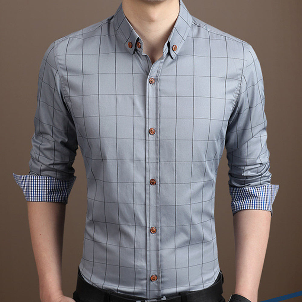Navy Blue Checkered Button-Up Men's Shirt