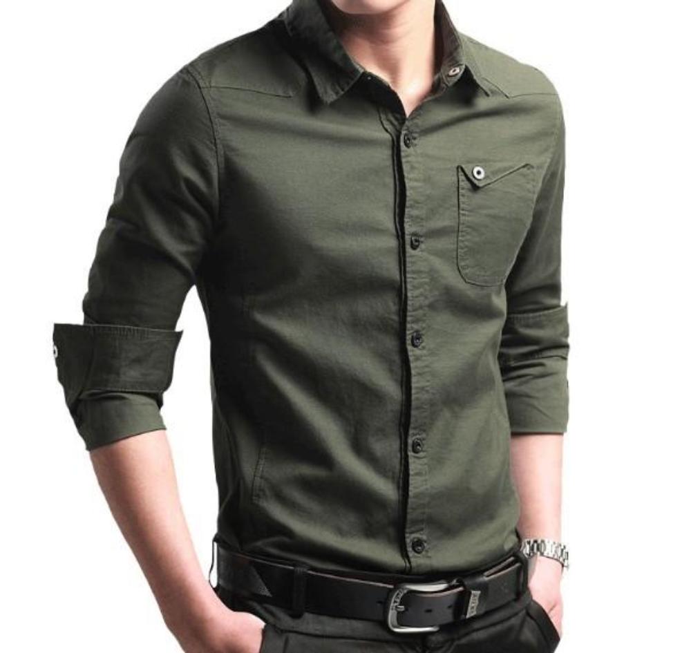 Cotton Button Front Shirt - Long Sleeve Men's