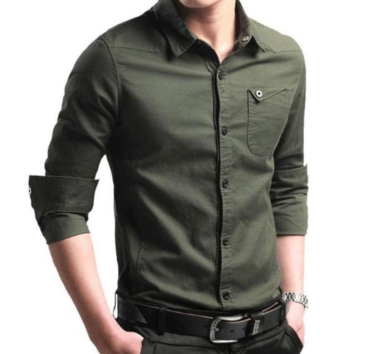 Cotton Button Front Shirt, Long Sleeve Men's: dark olive green, black button-up shirt, casual military-inspired style