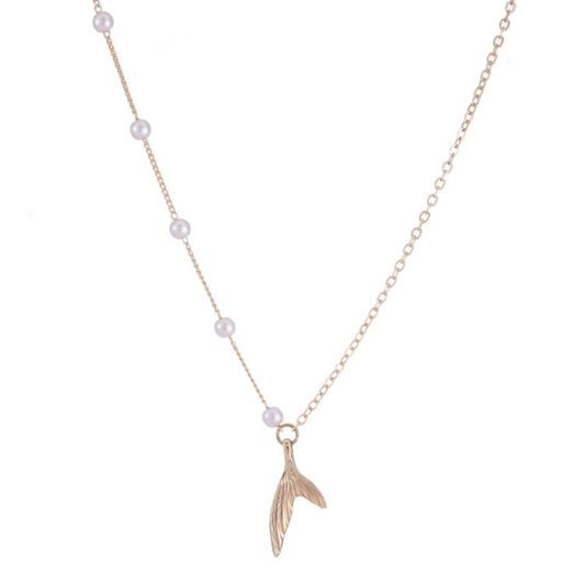 Faux Beaded Pearls Mermaid Necklace for Women: gold, white leaf, delicate minimal style