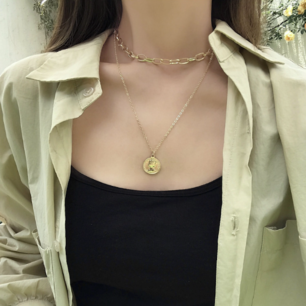 Layered Choker Necklace for Women with Coin Charm