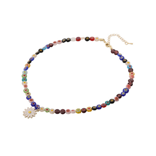 Rainbow Beaded Necklace with Daisy Pendant for Women: multicolor, gold flower, playful, colorful, floral style