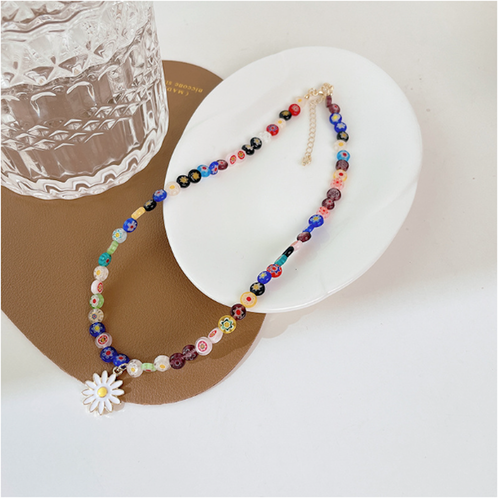 Rainbow Beaded Necklace with Daisy Pendant for Women