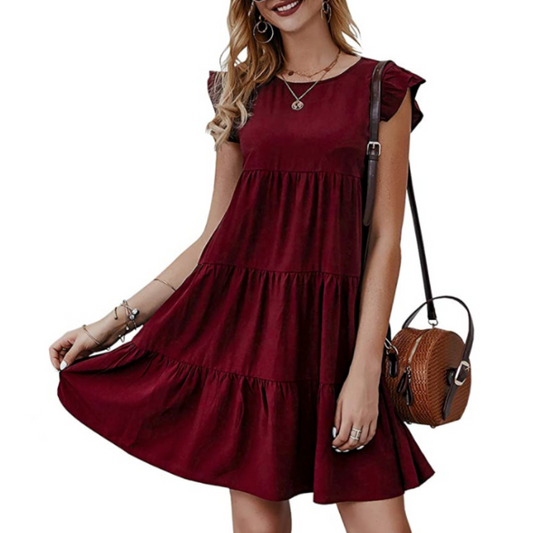 Flowy Cap Sleeve Women's Dress: burgundy, dark red dress, casual feminine style
